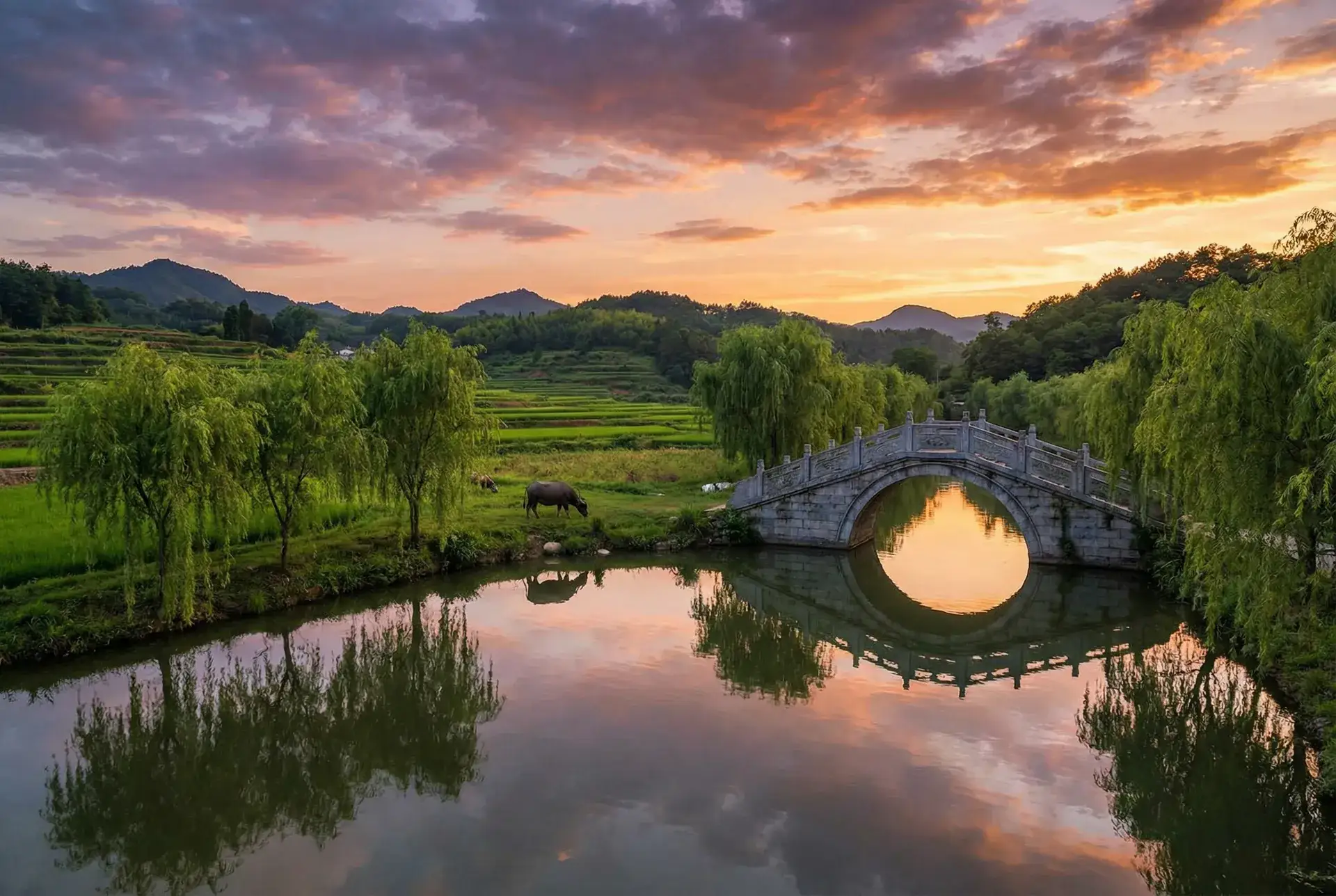 夕阳下的石拱桥与垂柳，水牛在河边吃草 - 一线高清视频在线 乡村美景